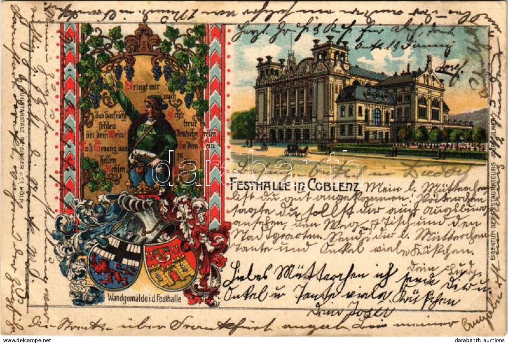 T2/T3 1905 Koblenz, Coblenz; Festhalle, Wandgemälde I. D. Festhalle. Art Nouveau, Floral, Litho With Coat Of Arms (EK) - Non Classés