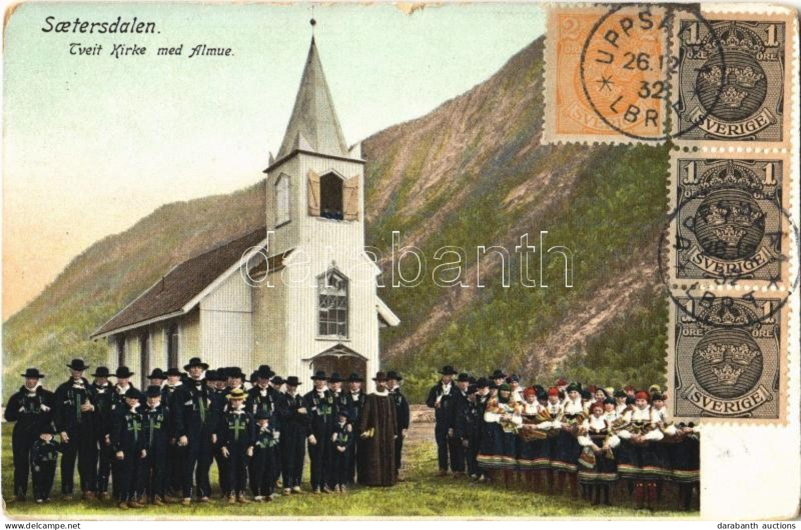 T2/T3 1932 Saetersdalen, Tveit Kirke Med Almue / Church, Peasants. TCV Card (worn Corners) - Non Classés