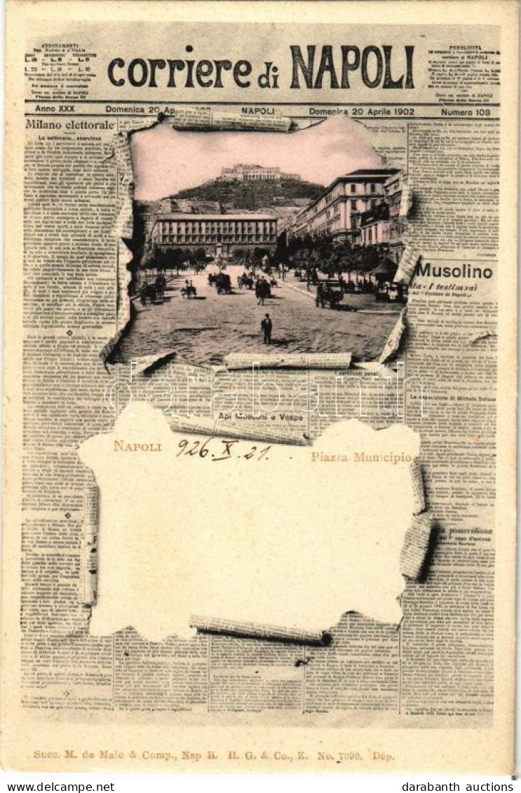 * T1/T2 Napoli, Naples; Piazza Municipio. Corriere Di Napoli 1902 / Sqaure. Art Nouveau Montage With Newspaper - Non Classés