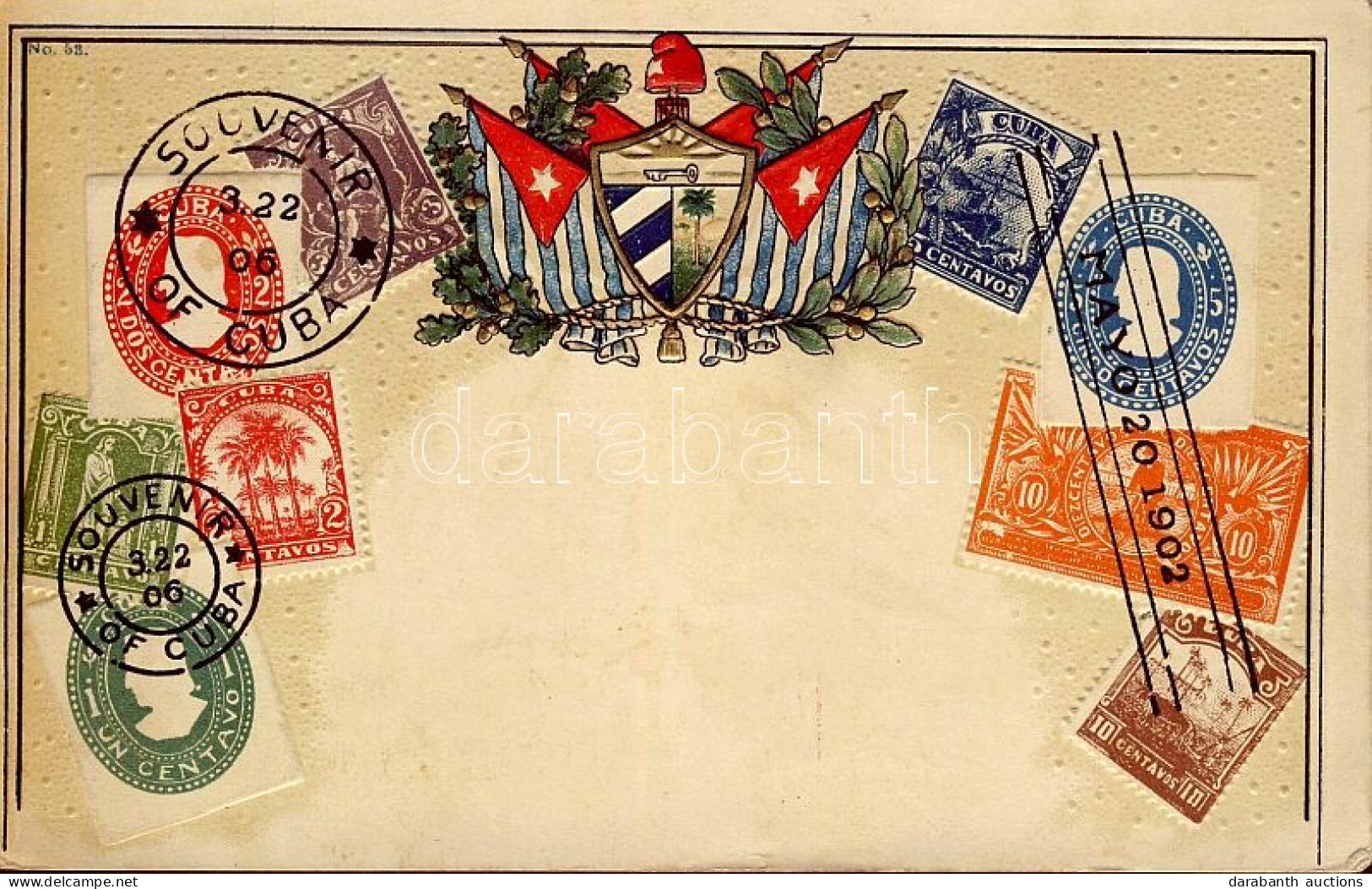 T2/T3 Stamps Of Cuba, Coat Of Arms, Golden Decoration, Flags, Emb. Litho (small Tear) - Ohne Zuordnung