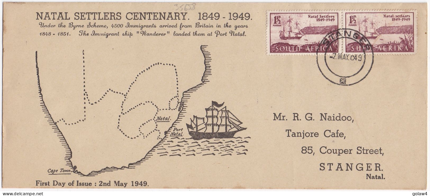 35658# SOUTH AFRICA SUID AFRIKA LETTRE FDC NATAL SETTLERS 1849 1949 Obl STANGER 2 MAY 1949 - FDC