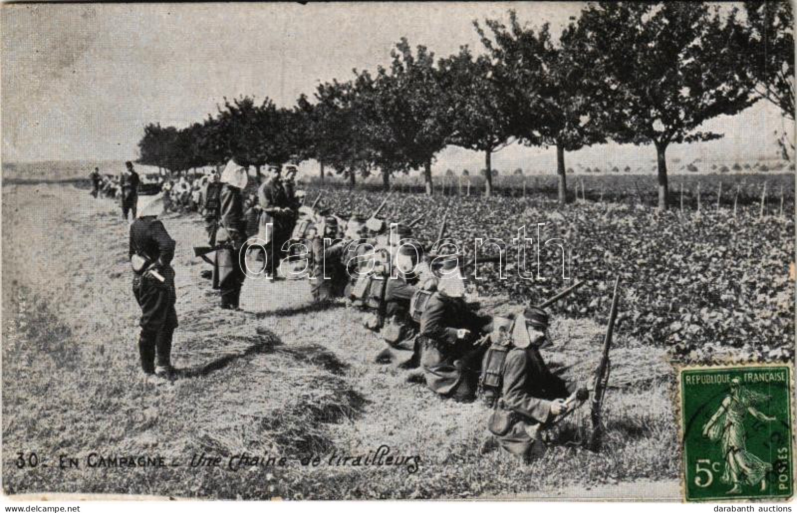 T2/T3 1908 En Campgane, Une Chaine De Tirailleurs / Francia Katonák / French Military, Soldiers. TCV Card (EK) - Non Classés