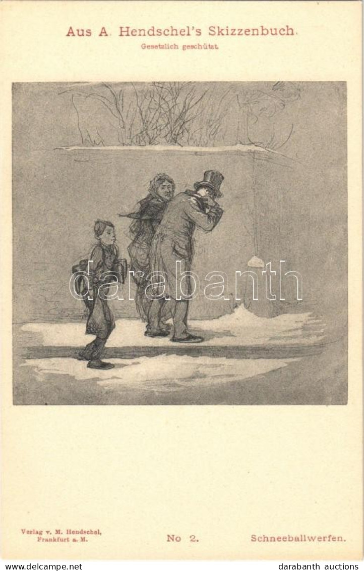 ** T1 Schneeballwerfen, Aus A. Hendschel's Skizzenbuch No. 2., Verlag V. M. Hendschel / Snowball Throwing - Zonder Classificatie