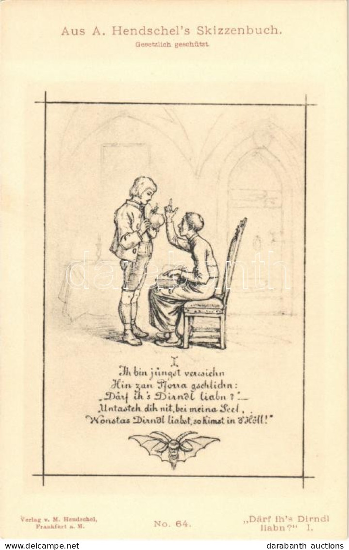 ** T1 "Darf Ih's Dirndl Liabn?" I., Aus A. Hendschel's Skizzenbuch No. 64., Verlag V. M. Hendschel / Young Man And Pries - Unclassified