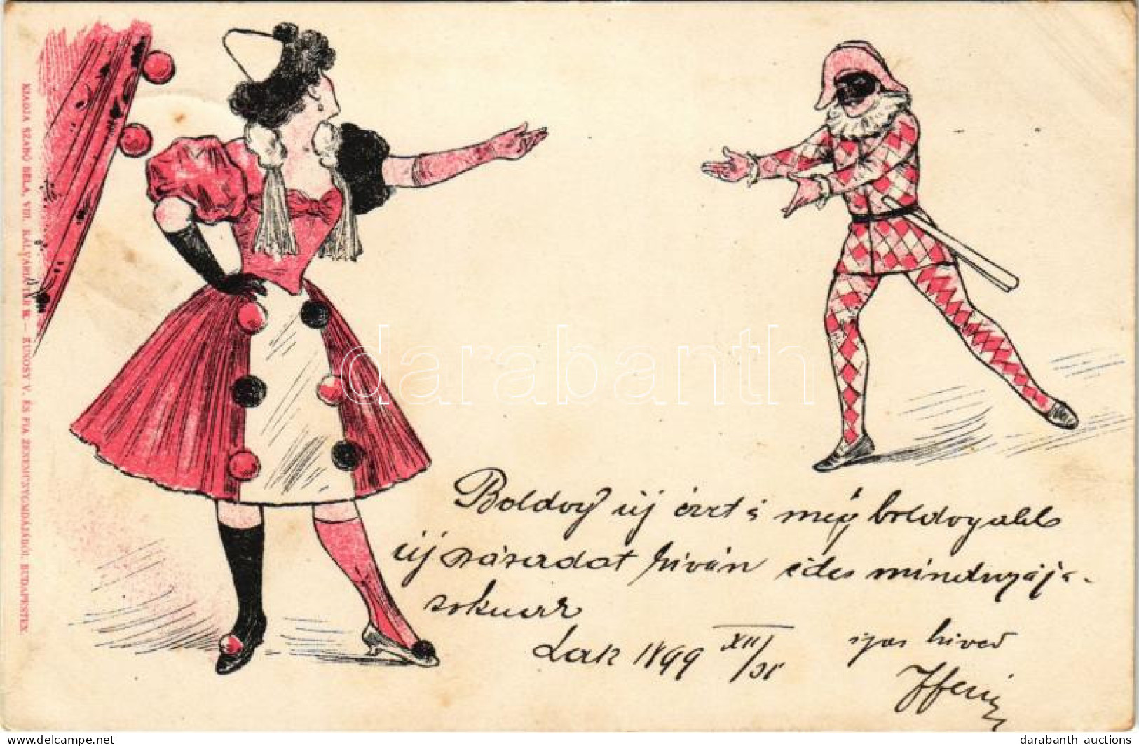 T2/T3 1899 (Vorläufer) Bohóc Szerelem. Kiadja Szabó Béla, Kunosy V. és Fia Zenenyomdájából / Clown Love, Greeting Card ( - Unclassified