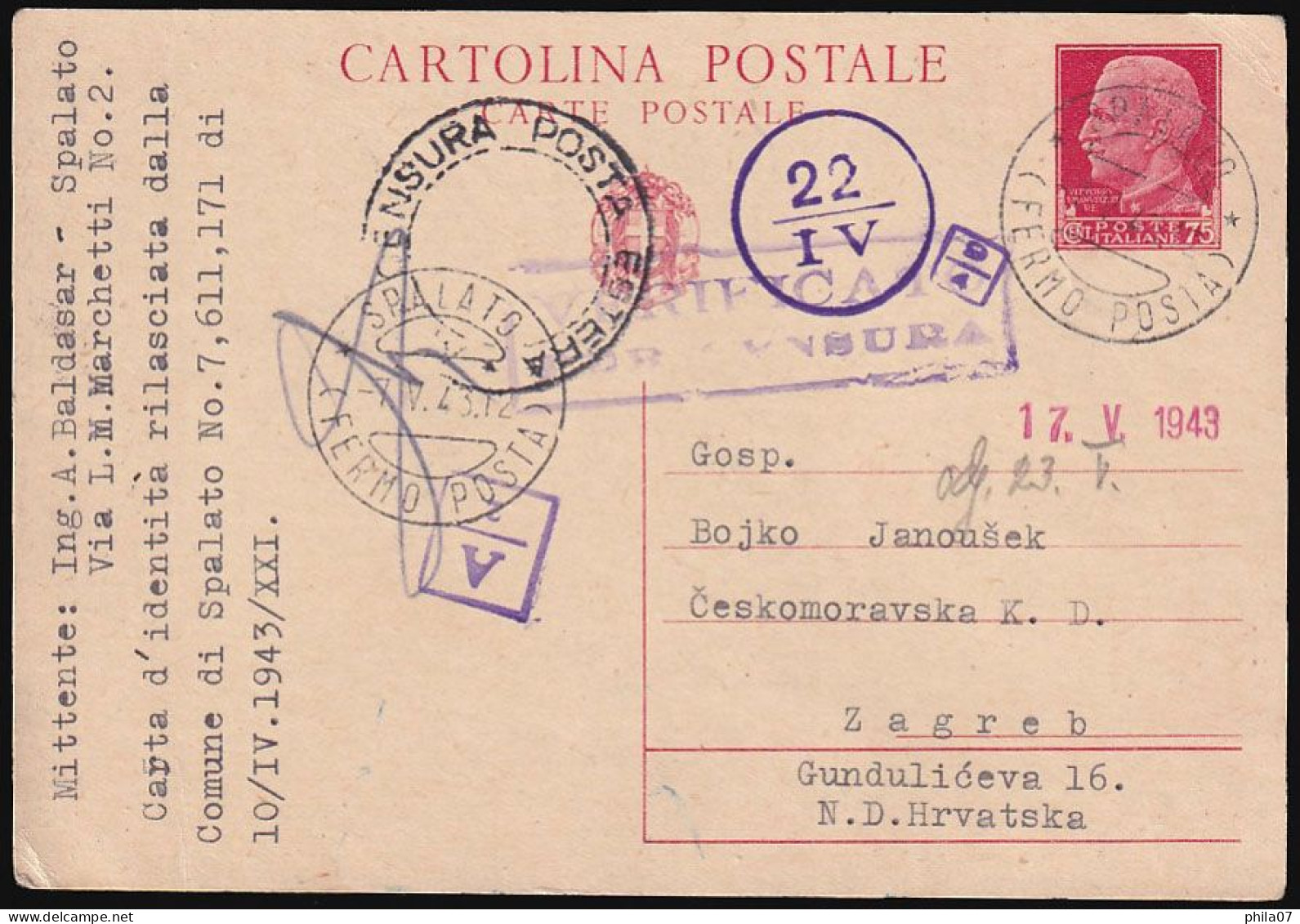 CROATIA (NDH) WWII - Stationery Sent From Split To Zagreb 07.05. 1943. Censored With The Italian Censorship / 2 Scans - Fiume & Kupa