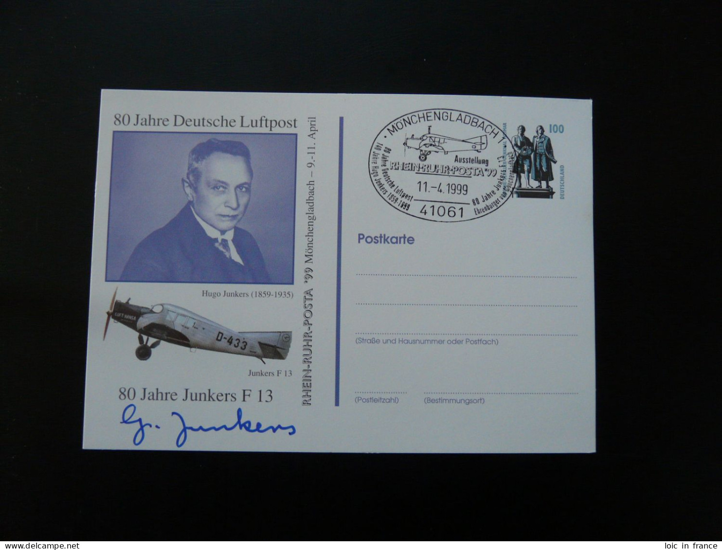 Entier Postal Stationery Card Aviation 80 Years Junkers F13 Rhein-Rurh-Posta 1999 - Cartes Postales Privées - Oblitérées