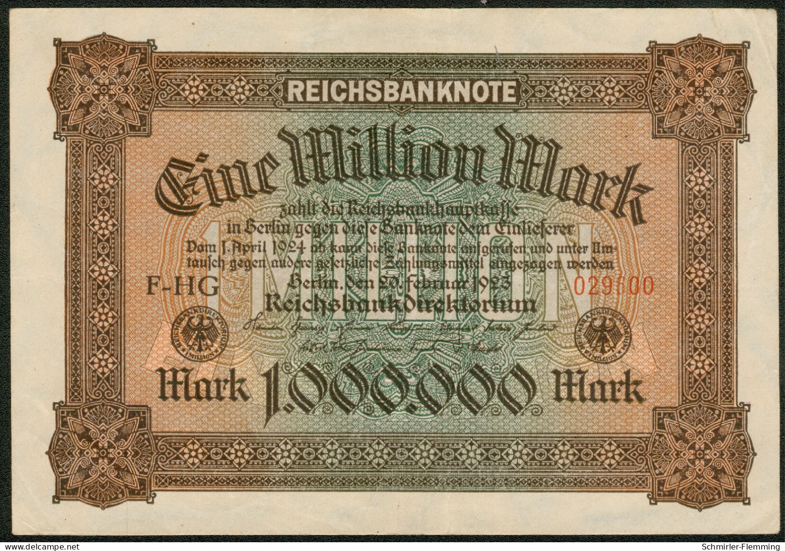 Deutsches Reich 1 Million Mark 20. Feb. 1923 Serie F-HG Rote Kenn Nr.029600(6stellig) KM#86 A, II - 1 Mio. Mark