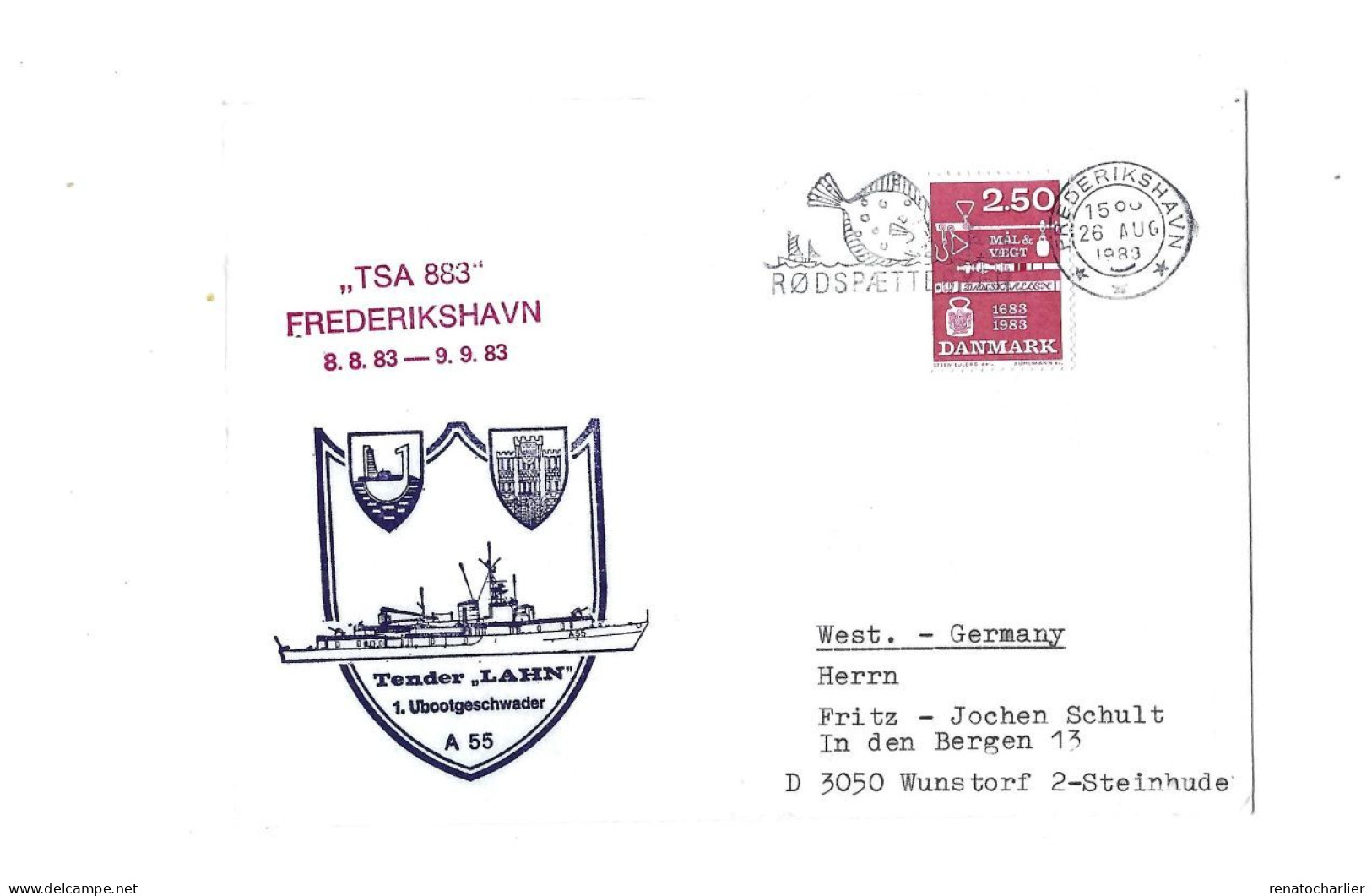 1.U Boots Geschwader.Tender Lahn.Expédié De Frederikshavn à Steinhude (Allemagne) - Storia Postale