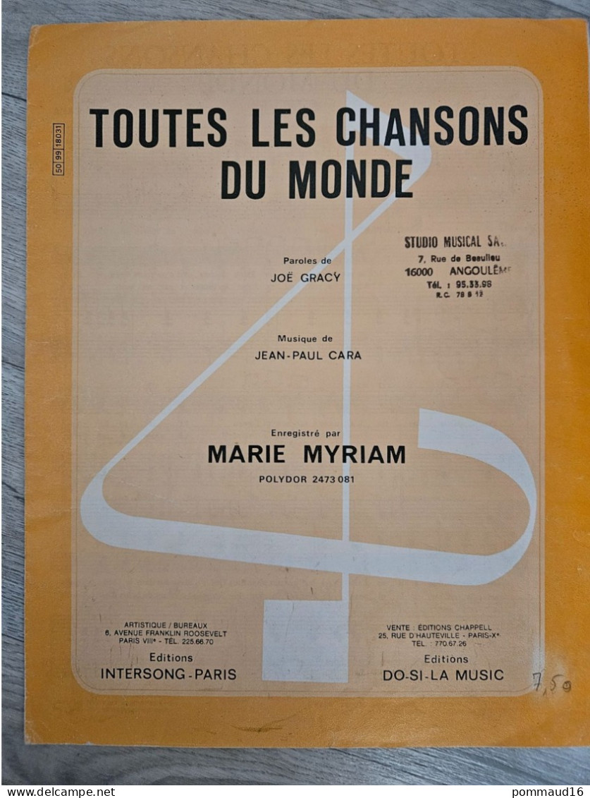 Partition : Toutes Les Chansons Du Monde Par Marie Myriam - Autres & Non Classés