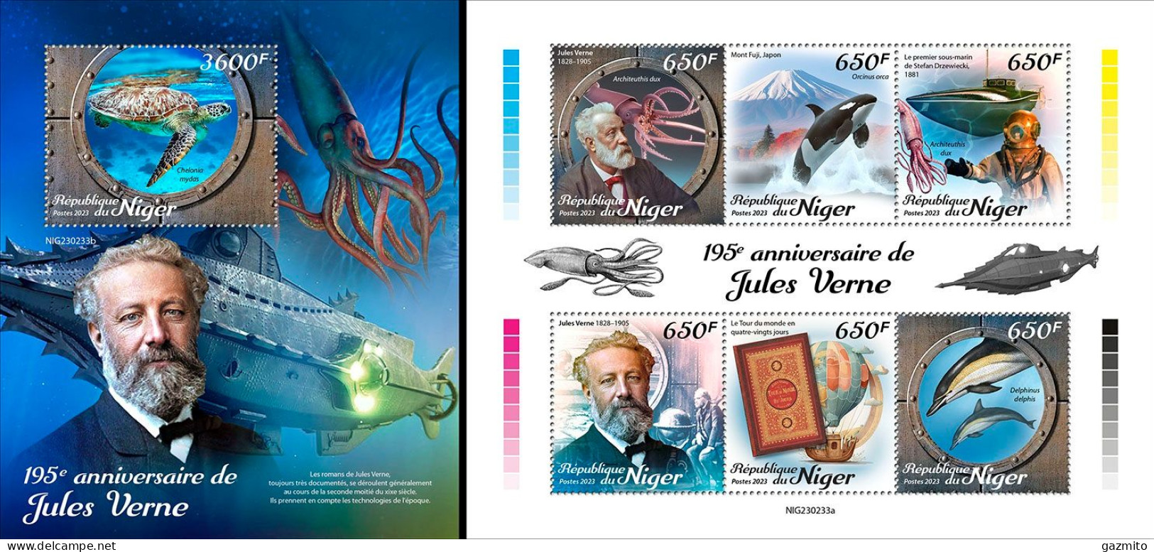 Niger 2023, J. Verne, Submarine, Fishes, 4val In BF+BF - Sous-marins