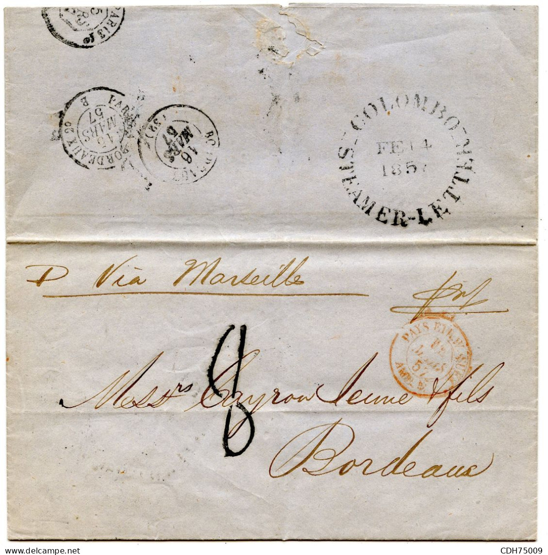 CEYLAN - COLOMBO STEAMER - LETTER SUR LETTRE POUR LA FRANCE, 1857 - Ceylan (...-1947)