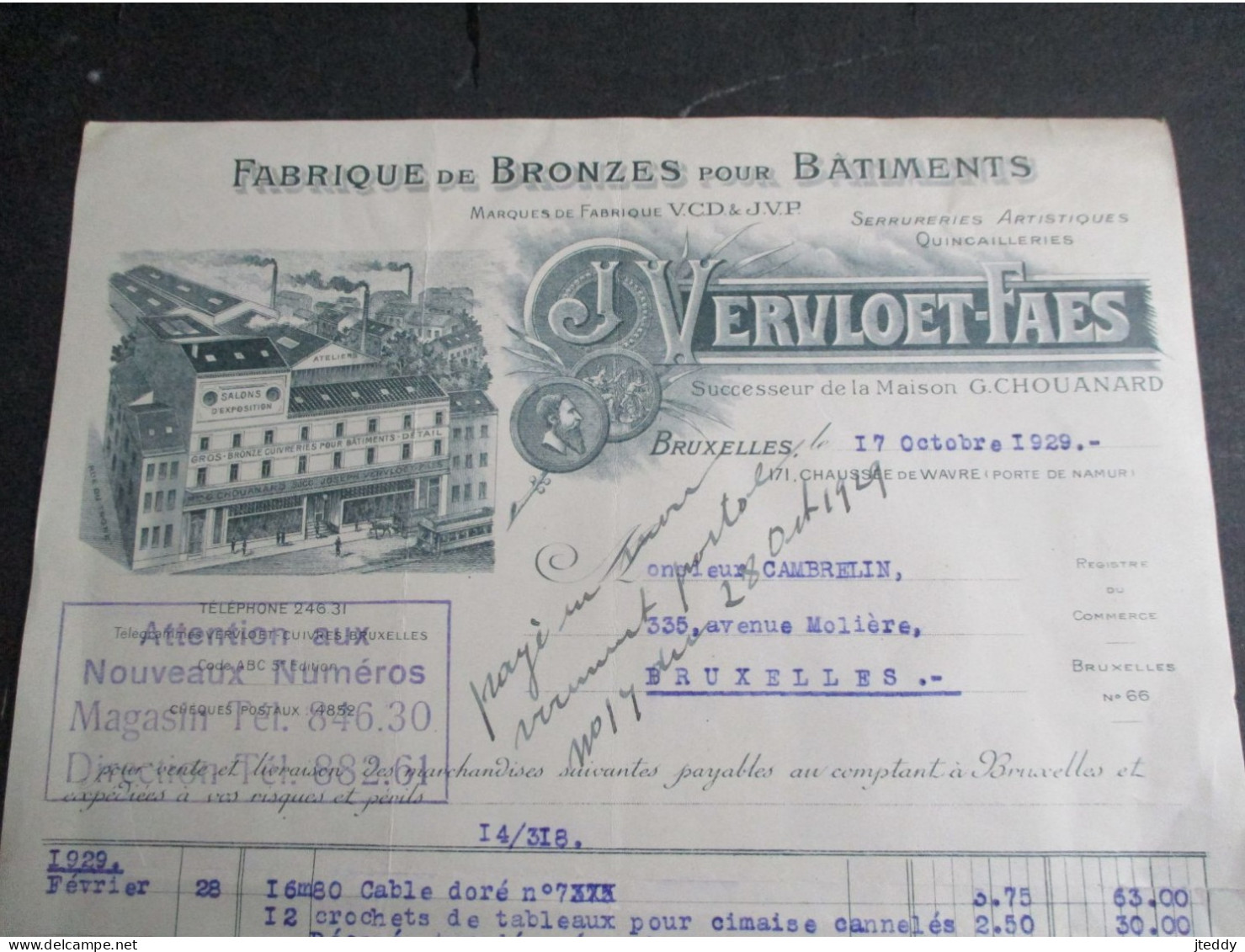 Oude  1929  Faktuur   Fabrique  De  BRONZES  Pour  Batiments   VERVLOET --FAES   Chaussée  De Wavre  BRUXELLES - Petits Métiers
