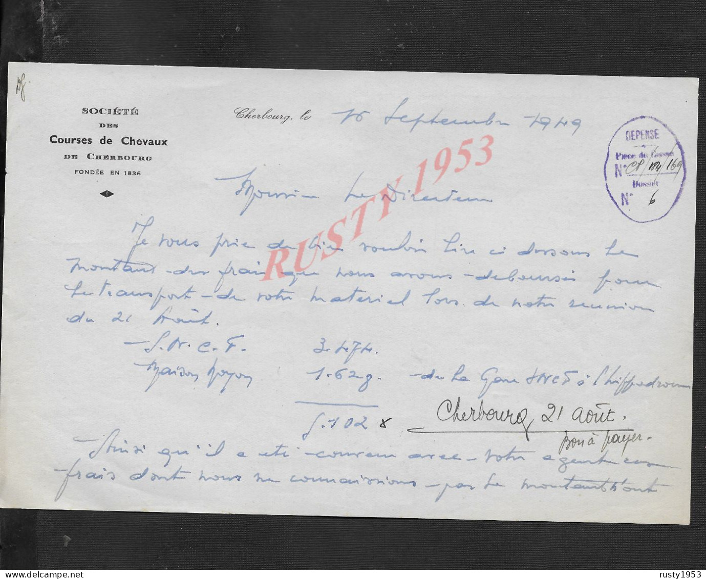 EQUITATION HIPPIMES LETTRE HIPPIQUE SOCIETE COURSE DE CHEVAUX À CHERBOURG 1949  : - Reiten