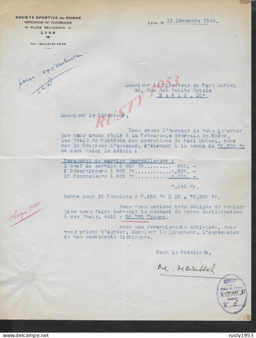 EQUITATION HIPPIMES LETTRE HIPPIQUE SOCIETE COURSE DE CHEVAUX À LYON 1949 : - Equitation