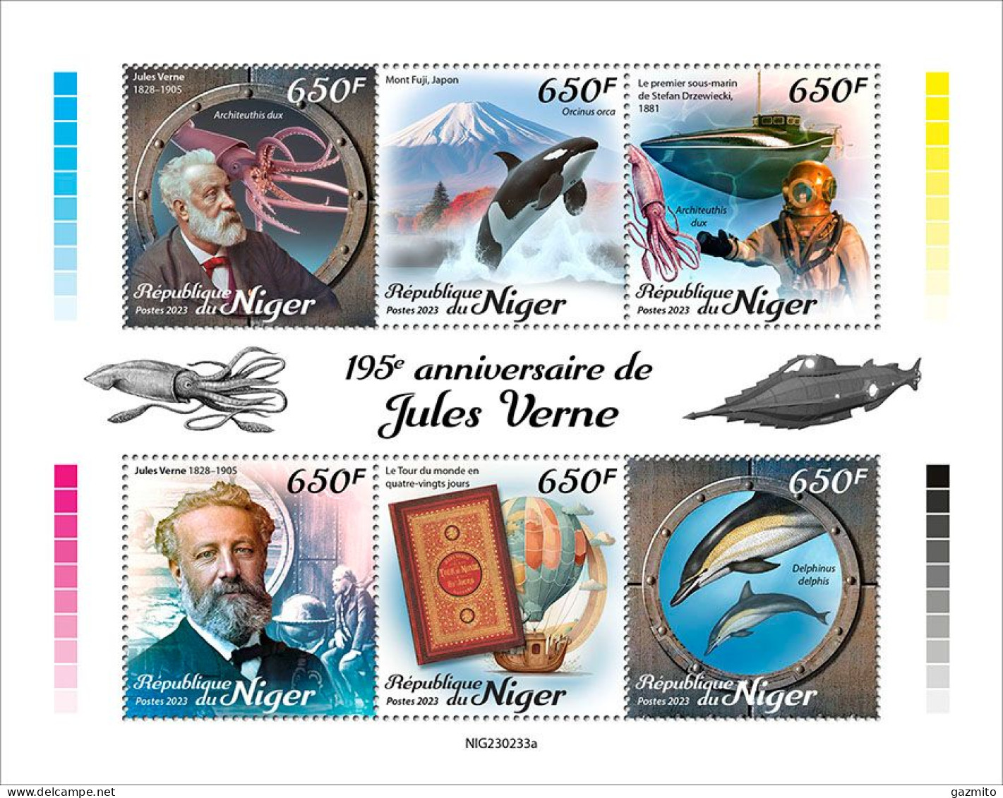 Niger 2023, J. Verne, Stamp On Stamp, Dolphins, Orca, 4val In BF - Dolphins