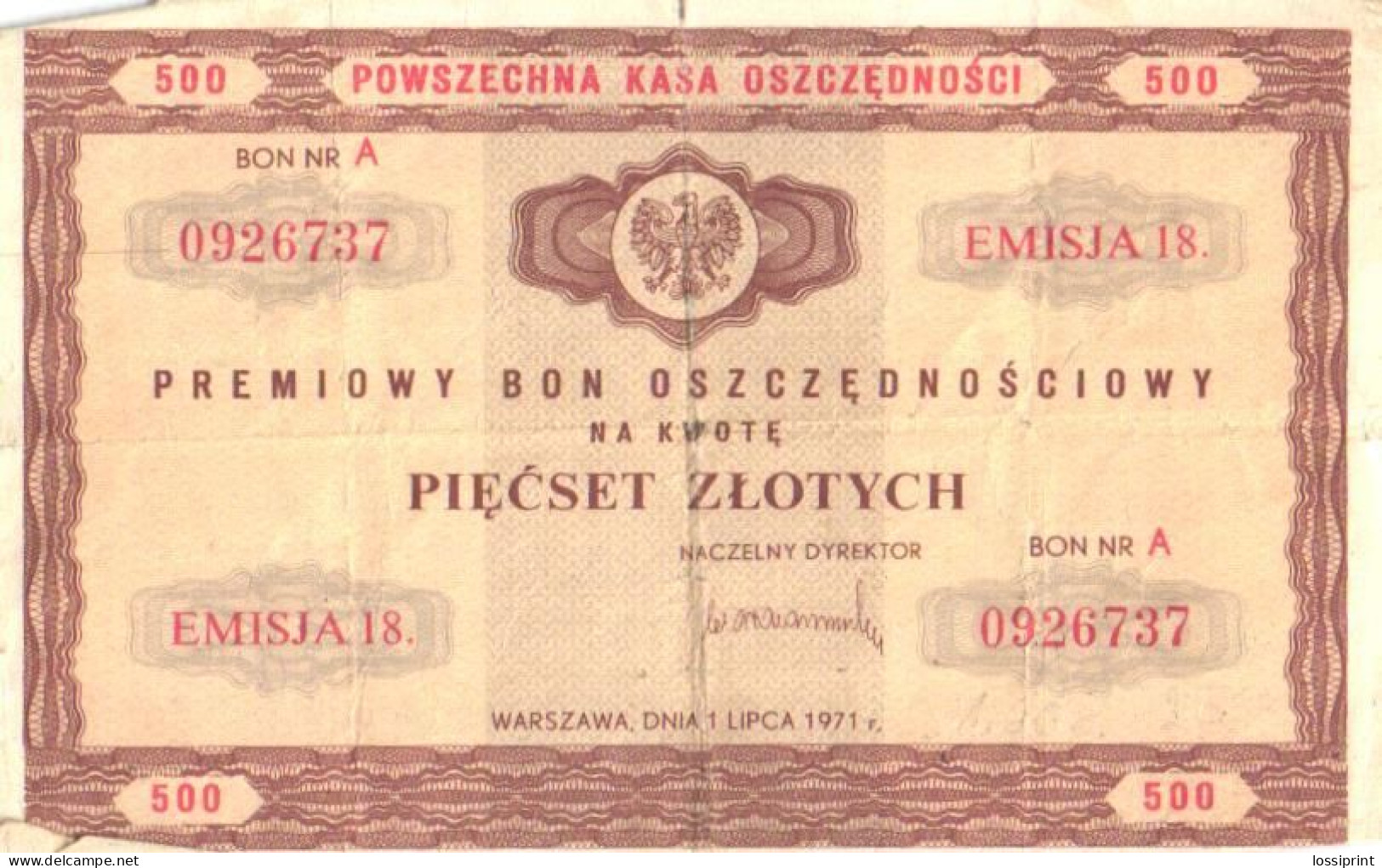 Poland:Bonus Savings Voucher 500 Zlots, 1971 - Pologne