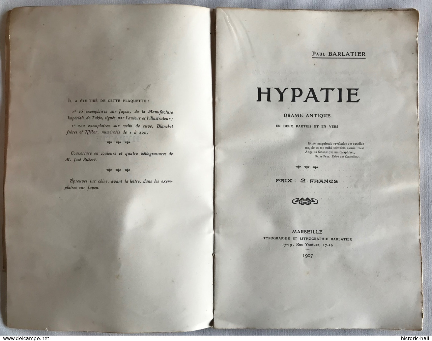 HYPATIE - Drame Antique - 1907 - Paul BARLATIER - Französische Autoren