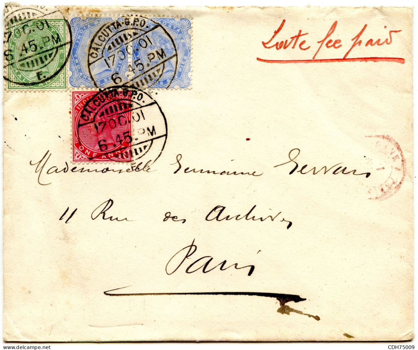 INDE - LETTRE DE CALCUTTA LATE FEE PAID POUR PARIS, 1901 - Andere & Zonder Classificatie