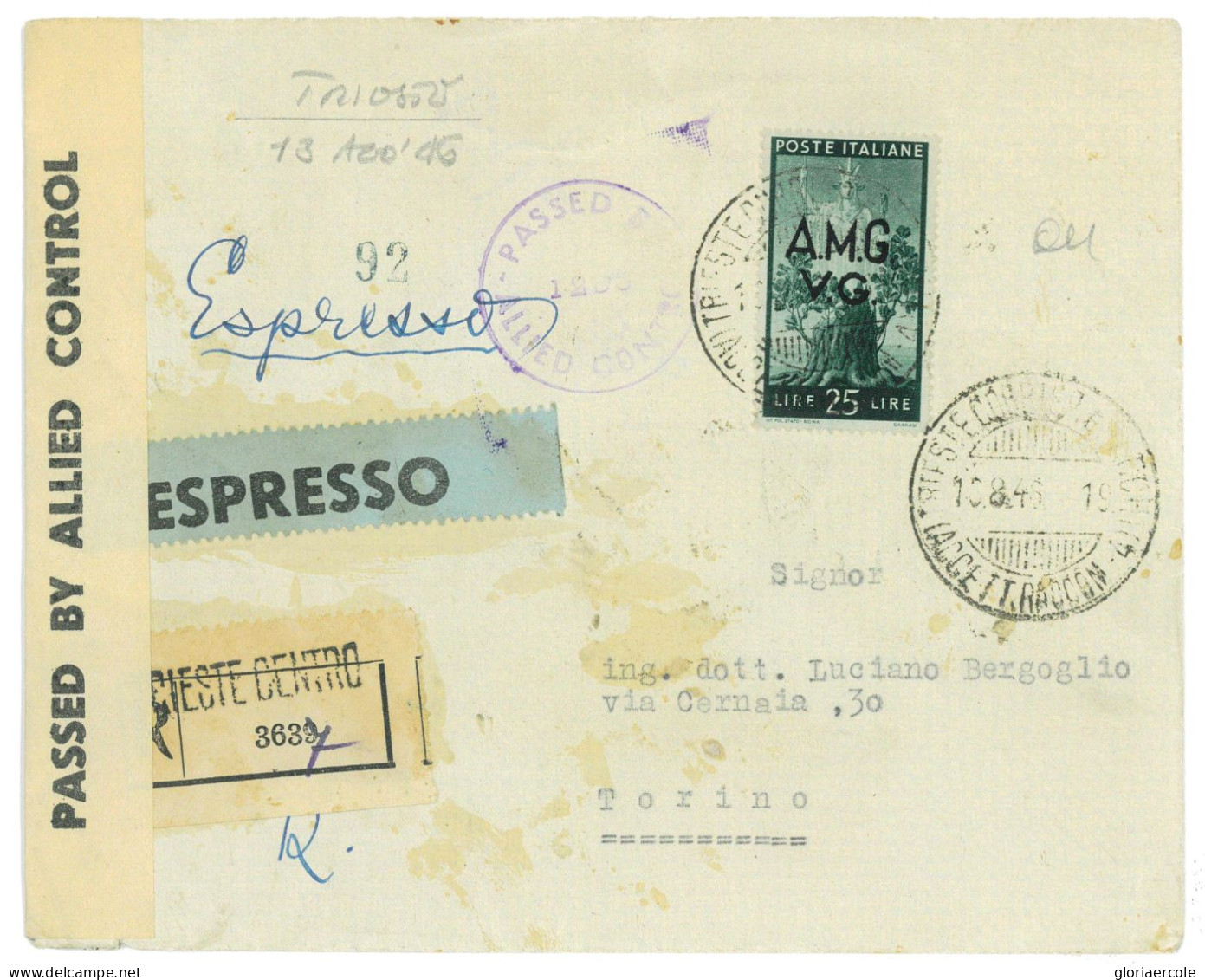 P2641 - ITALIA AMGVG , 13.8.46 L. 50 ISOLATO PER TORINO, ESPRESSO RACCOMANDATO. CENSURA AMERICANA - Storia Postale