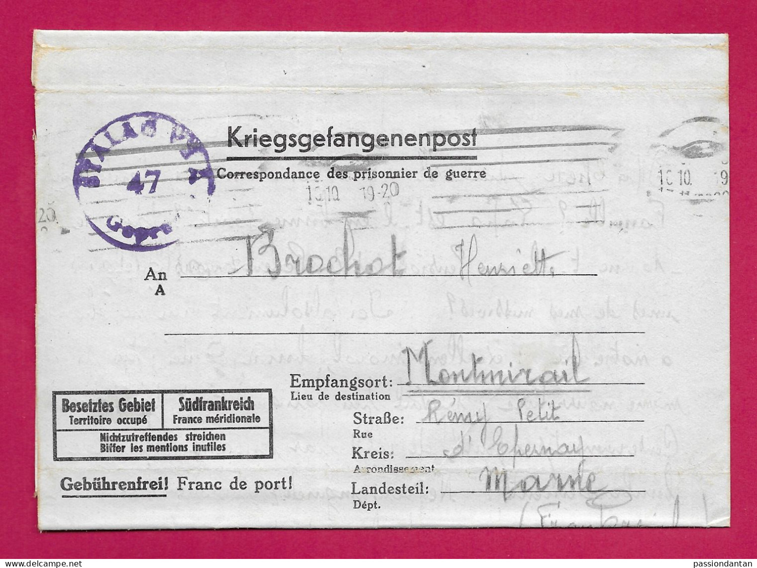 Écrit D'un Prisonnier De Guerre Daté Du 6 Octobre 1944 - Voyagé Du Stalag VII-A Vers Montmirail En France - Prisoners Of War Mail