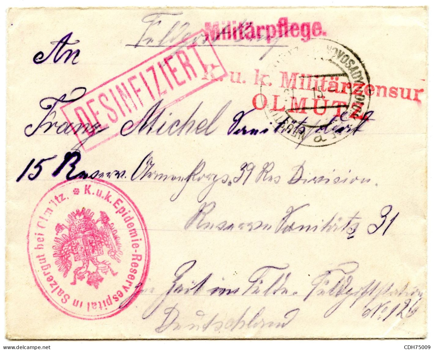 AUTRICHE - K.U.K. EPIDEMIE - RESERVESPITAL IN SALZERGUT BEI OLMUTZ + DESINFIZIERT, 1915 - Briefe U. Dokumente