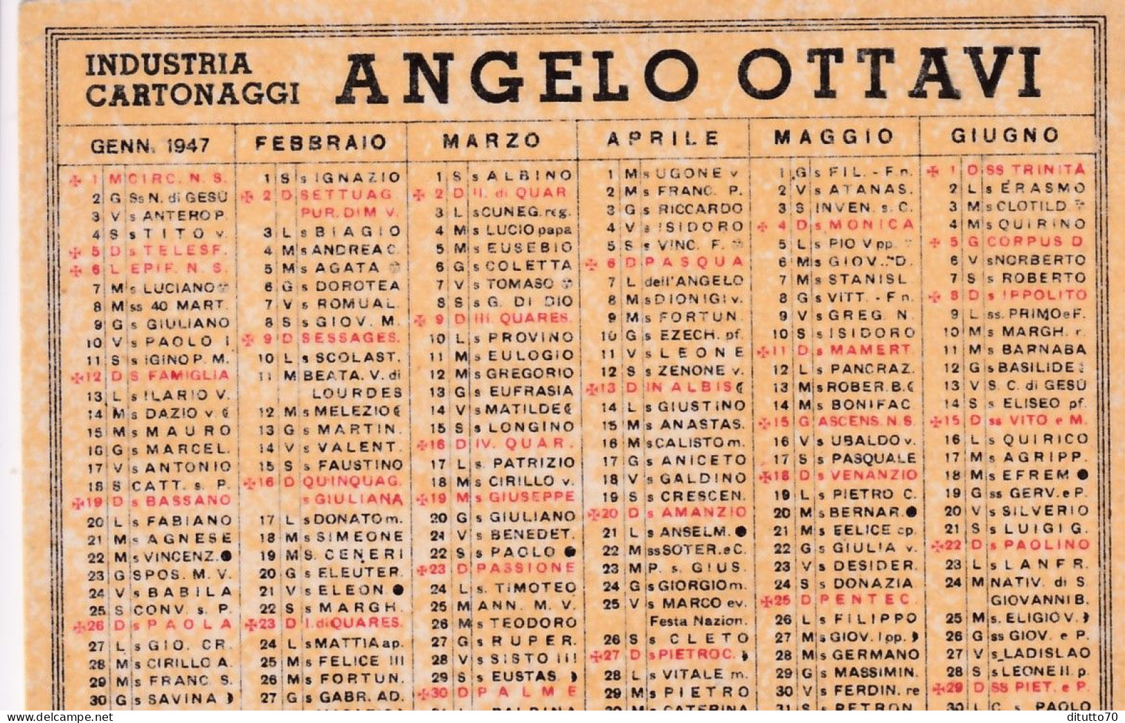 Calendarietto - Industria Cartonaggi - Angelo Ottavi - Roma - Anno 1947 - Petit Format : 1941-60