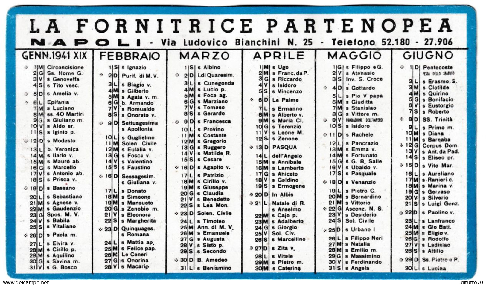 Calendarietto - La Fornitrice Partenopea - Napoli - Anno 1941 - Petit Format : 1941-60