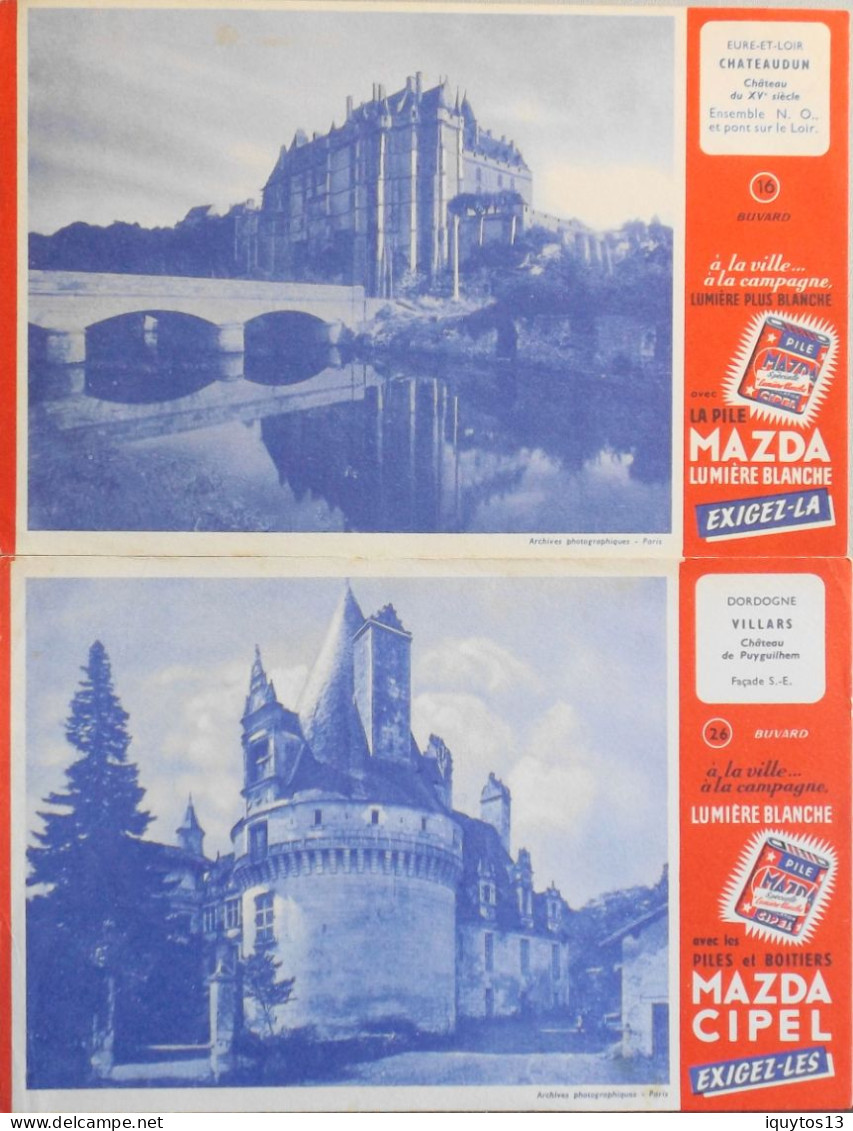 2 BUVARDS - Piles MAZDA Cipel " Châteaux De Chateaudun Et De Puyguilhem - TBE - Baterías