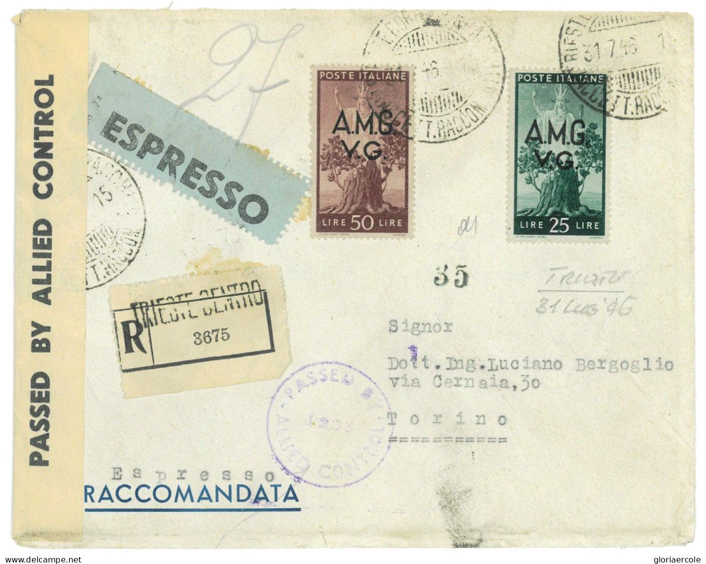 P2646 - ITALIA AMGVG ESPRESSO RACCOMANDATA PER TORINO, CON L. 75.- 31.7.46 - Storia Postale