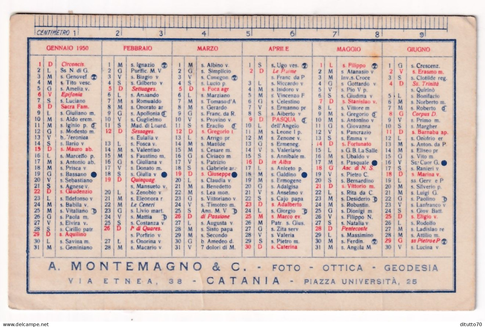 Calendarietto - Lenti Oftalmiche Eicon San Giorgio - A.montemagno E C. - Catania - Anno 1950 - Petit Format : 1941-60