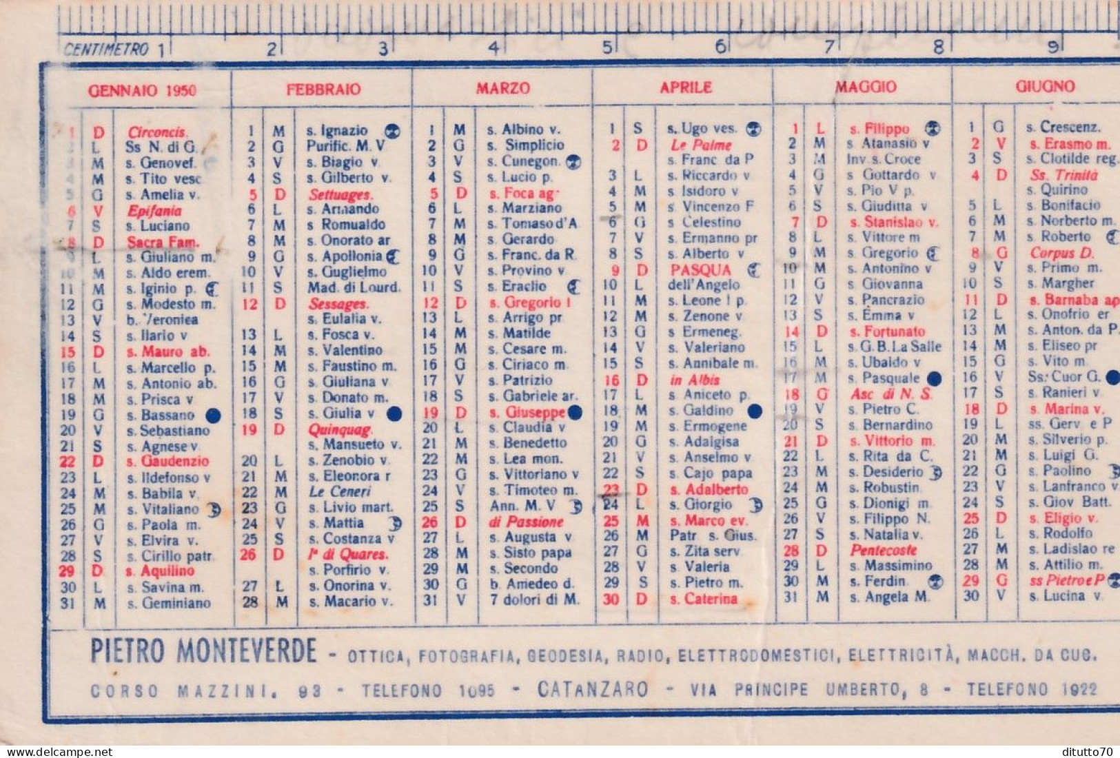 Calendarietto - Lenti Oftalmiche Eicon San Giorgio - Pietro Monteverde - Catanzaro - Anno 1950 - Petit Format : 1941-60