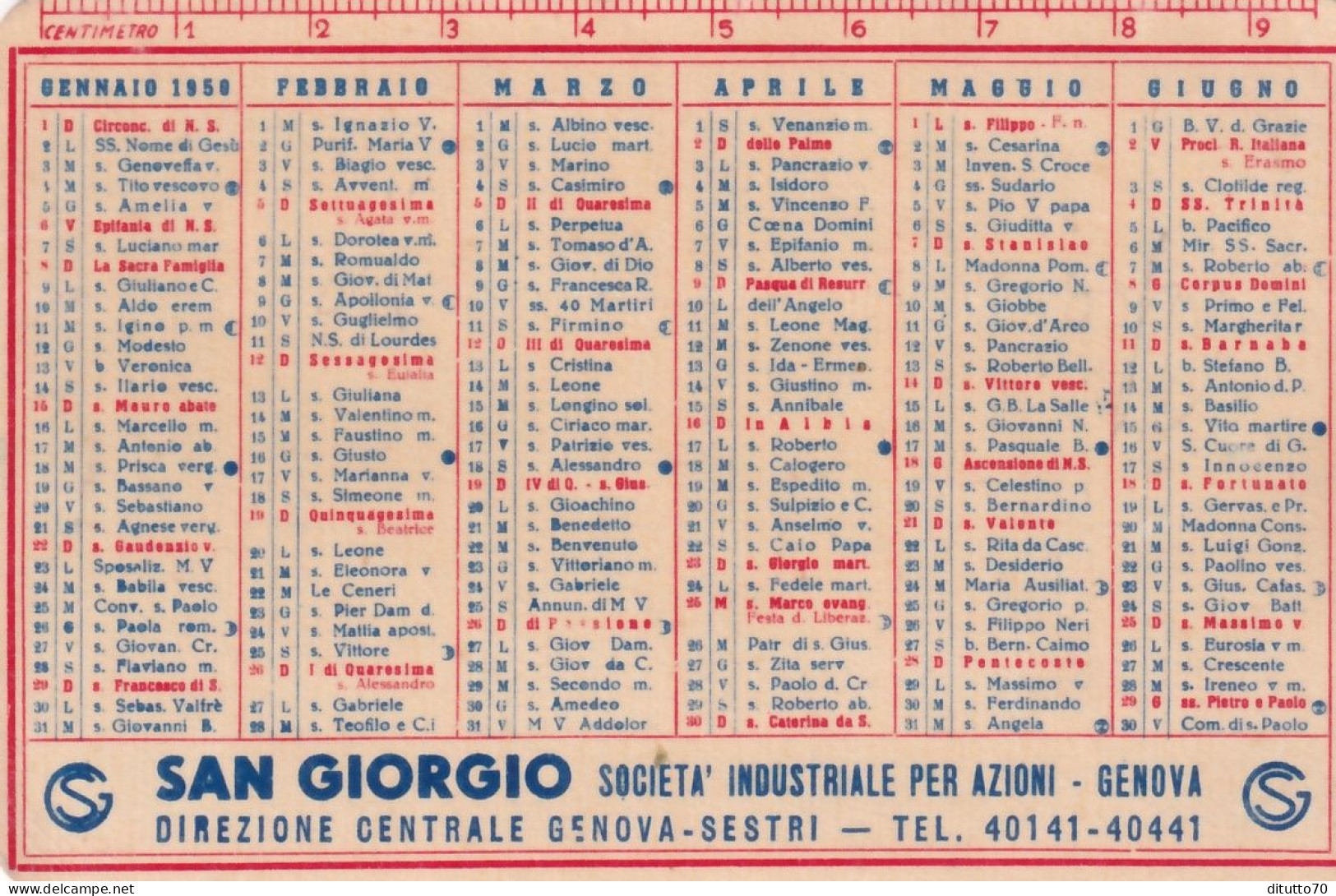 Calendarietto - Lenti Oftalmiche Eicon San Giorgio -genova - Anno 1950 - Petit Format : 1941-60