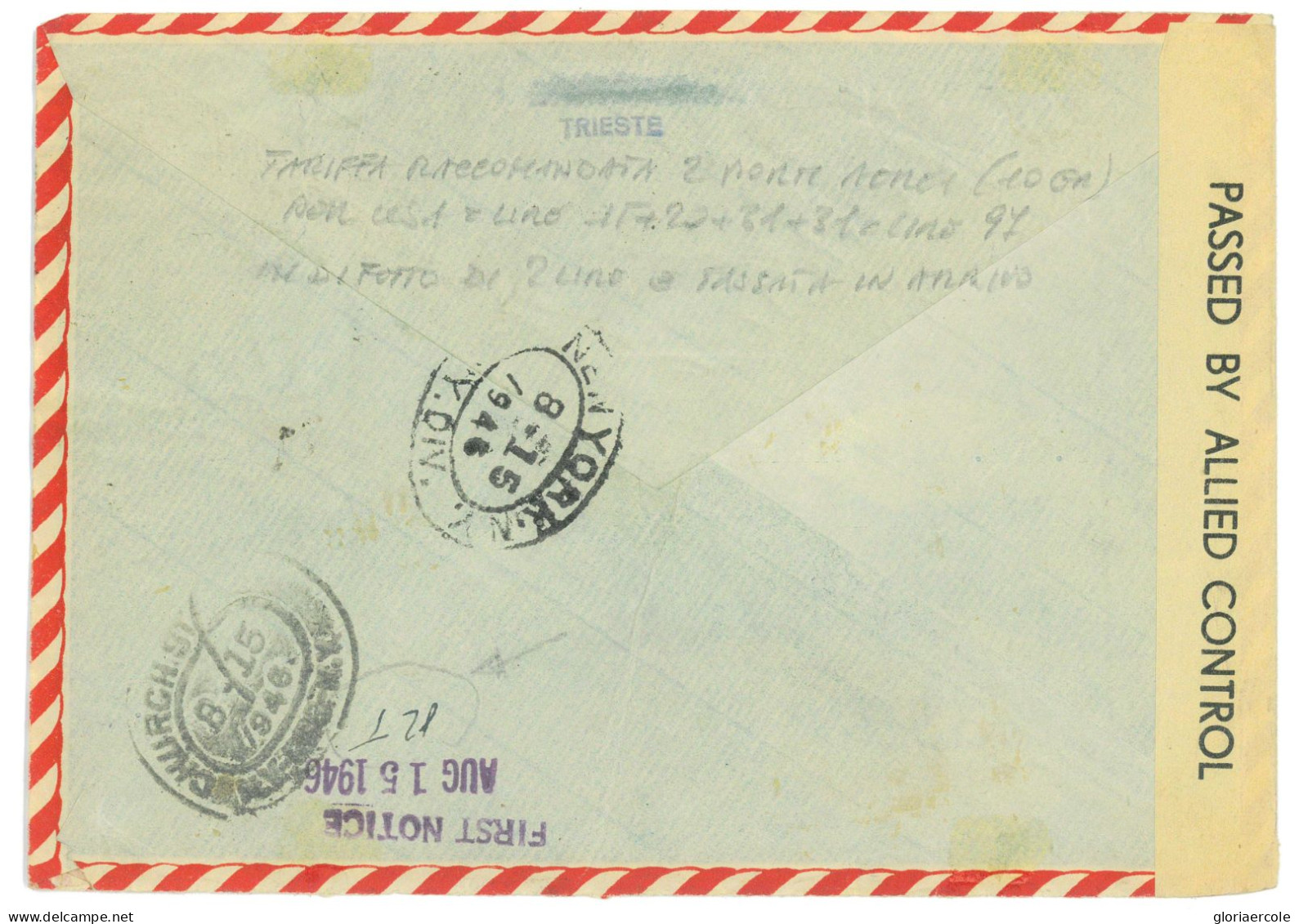 P2647 - ITALIA AMGVG , RACCOMANDATA , VIA AEREA PER N.Y. - 7.8.46 CENSURATA. - Poststempel