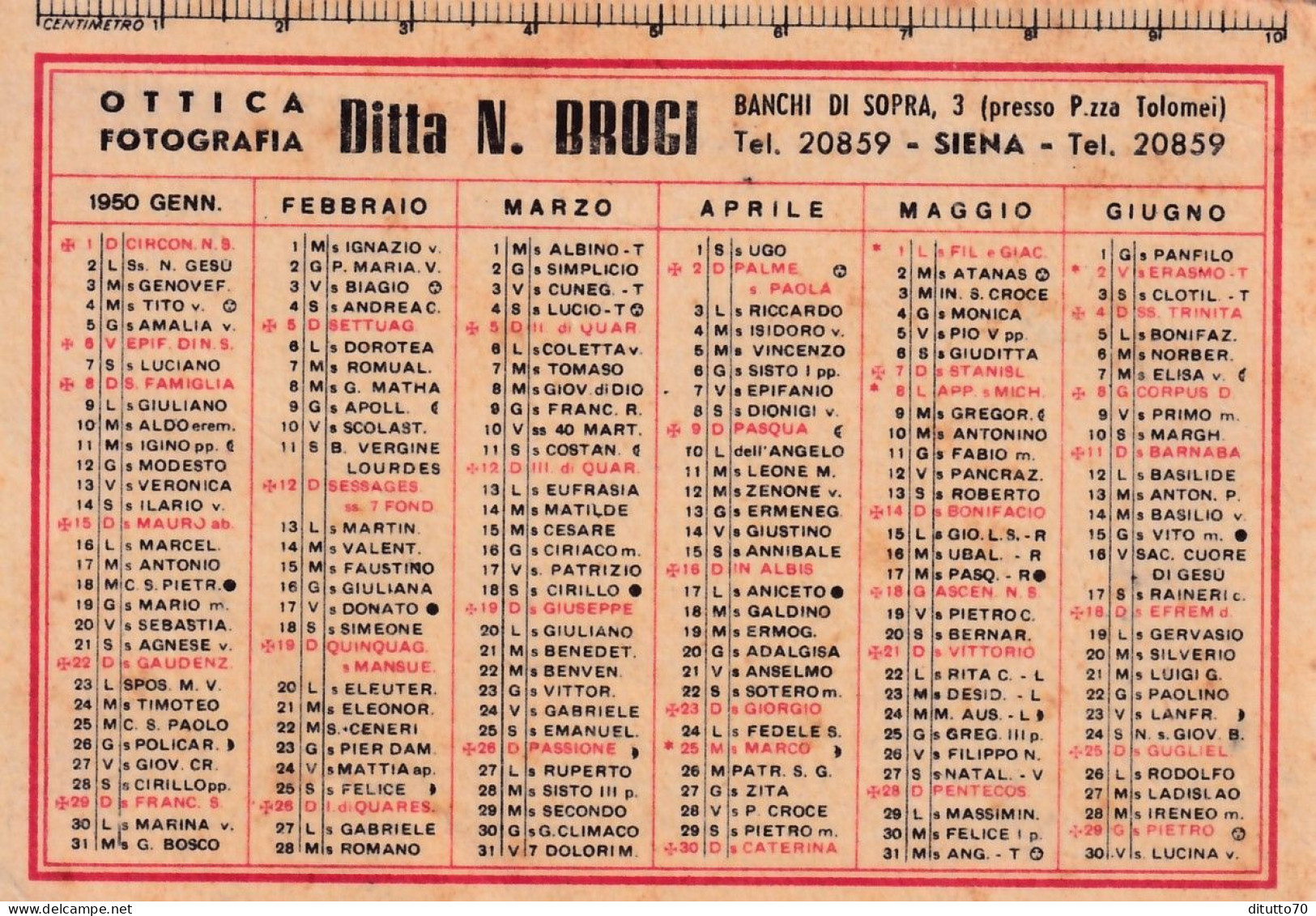 Calendarietto - Ottica Fotografia - Ditta N.brogi - Siena - Anno 1950 - Petit Format : 1941-60