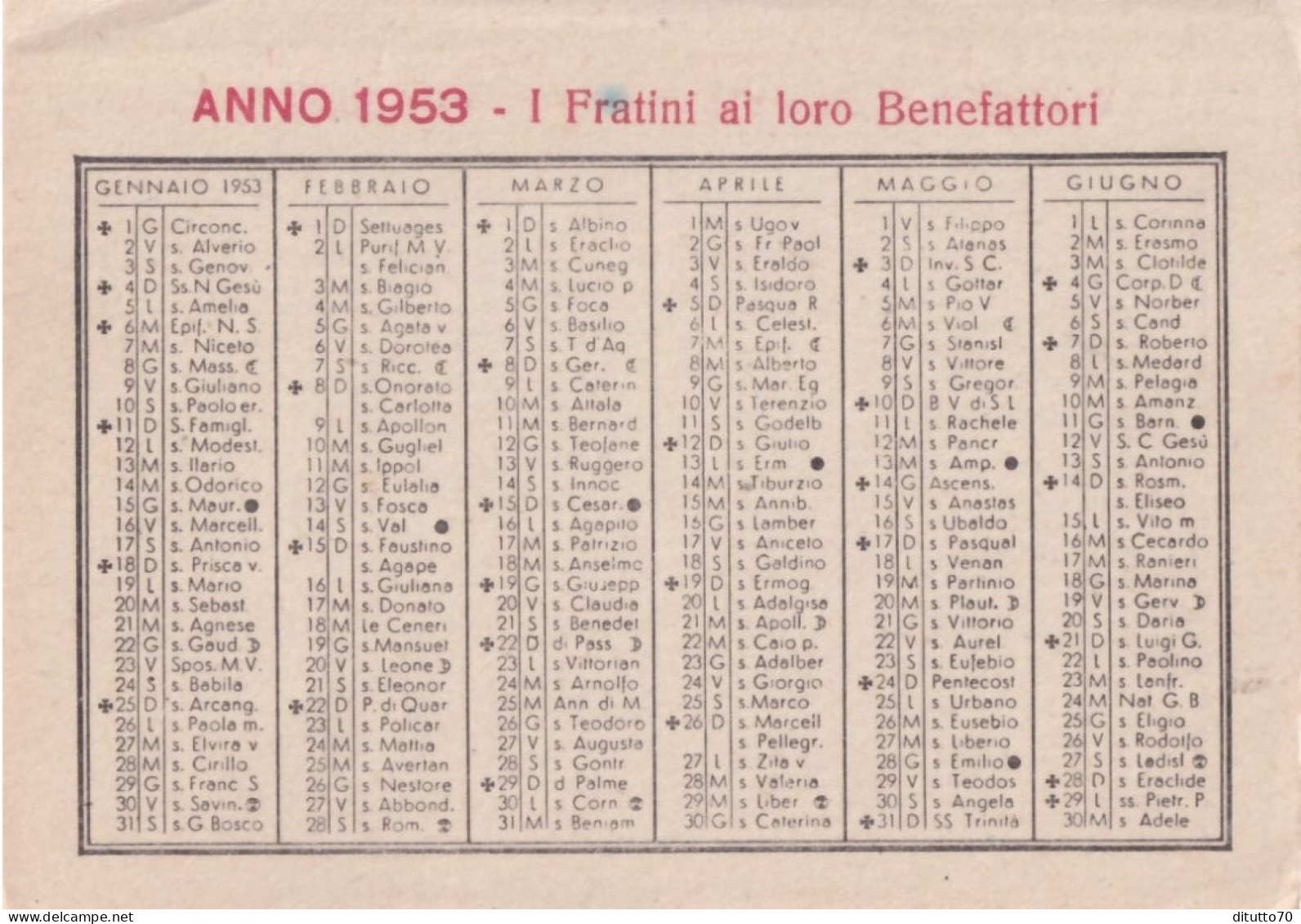 Calendarietto - Pax Et Bonum - Basilica Di S.giuseppe Da Copertino - Osimo - Ancona - Anno 1953 - Petit Format : 1941-60