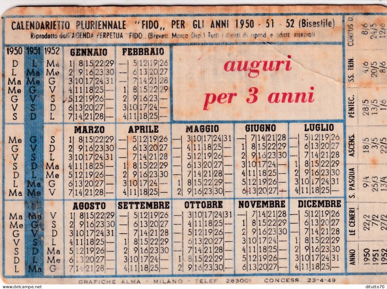 Calendarietto - Pluriennale - Icor - Milano - Anno 1950 - Petit Format : 1941-60