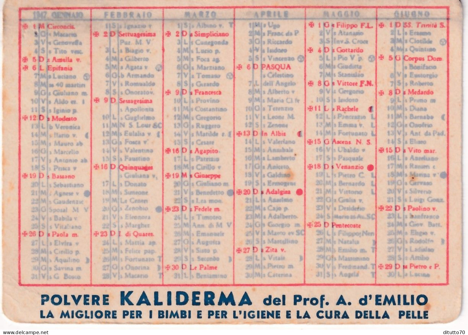 Calendarietto - S.p.a. Antonio Cordani - Milano - Anno 1947 - Petit Format : 1941-60