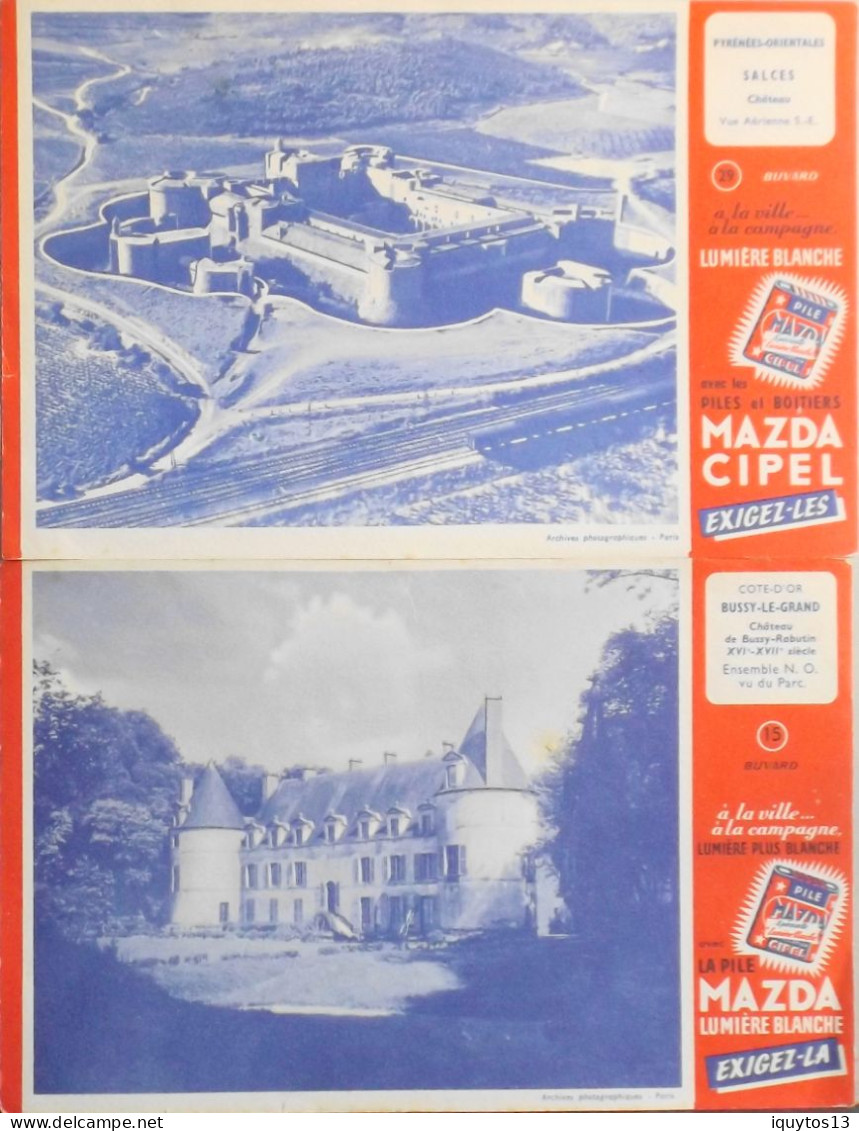 2 BUVARDS - Piles MAZDA Cipel " Châteaux De Salces Et De Bussy-Rabutin - TBE - Baterías