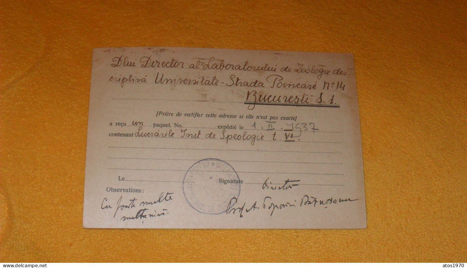 CARTE POSTALE ANCIENNE DE 1937../ CACHETS BUCURESTI GARA DE NORD POUR INSTITUT DE SPEOLOGIE CLUJ + TIMBRES X2 - Cartas & Documentos