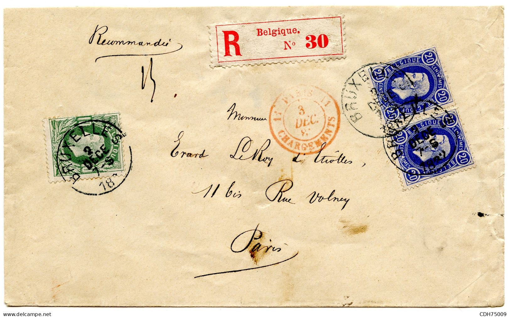 BELGIQUE - COB 30+31X2 SIMPLE CERCLE BRUXELLES SUR LETTRE RECOMMANDEE POUR PARIS, 1882 - 1869-1883 Leopold II