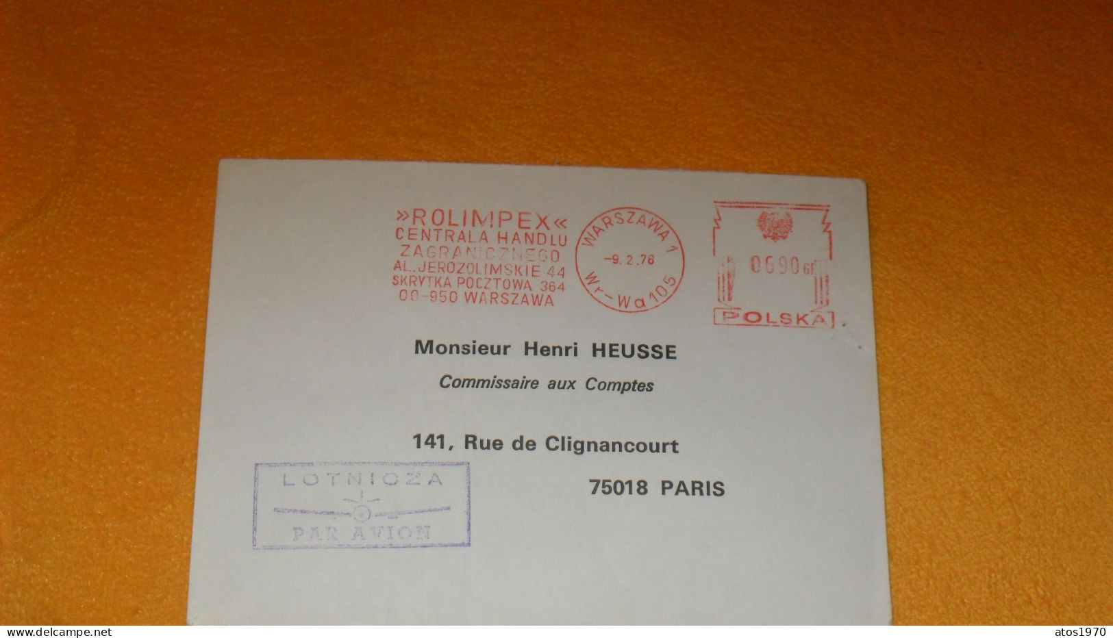 ENVELOPPE DE 1978../ ROLIMPEX CENTRALA HANDLU...CACHET EN ROUGE WARSZAWA 1 ..LOTNIOZA PAR AVION POUR PARIS.. - Briefe U. Dokumente