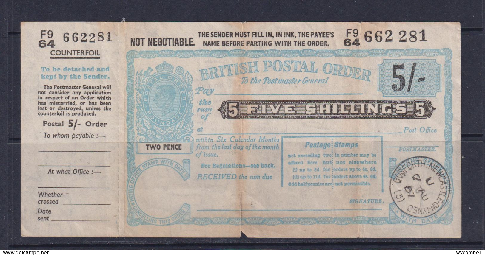 GREAT BRITAIN - 1957 (George VI) 5 Shilling Postal Order - Cheques & Traveler's Cheques