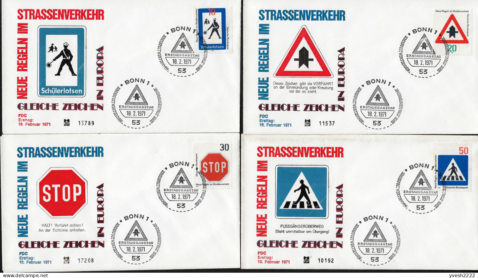 Allemagne 1971 Y&T 528 à 531 Sur 4 FDC. Sécurité Routière, Nouvelle Réglementation. Panneaux Routiers - Accidents & Road Safety