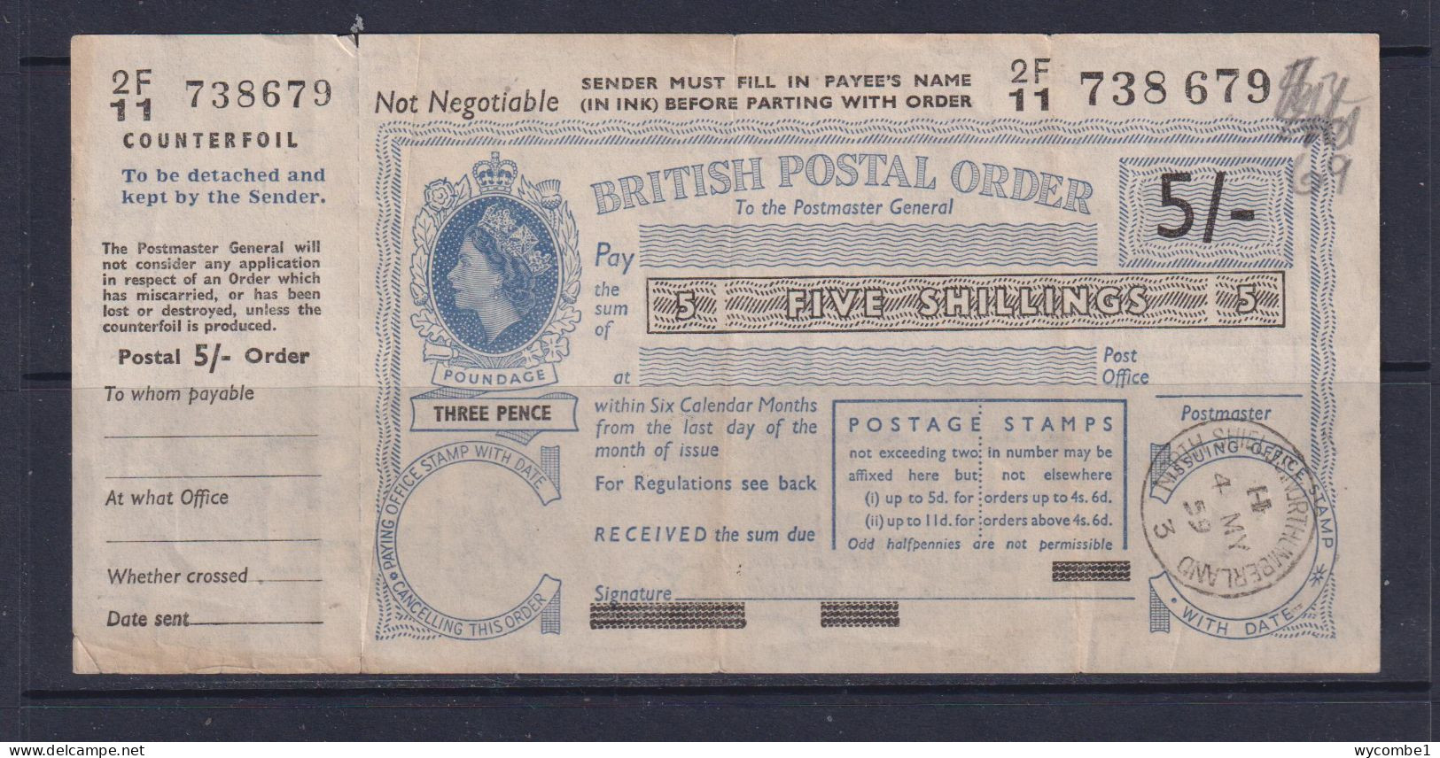 GREAT BRITAIN - 1959 (Elizabeth II) 5 Shillings Postal Order - Cheques & Traveler's Cheques