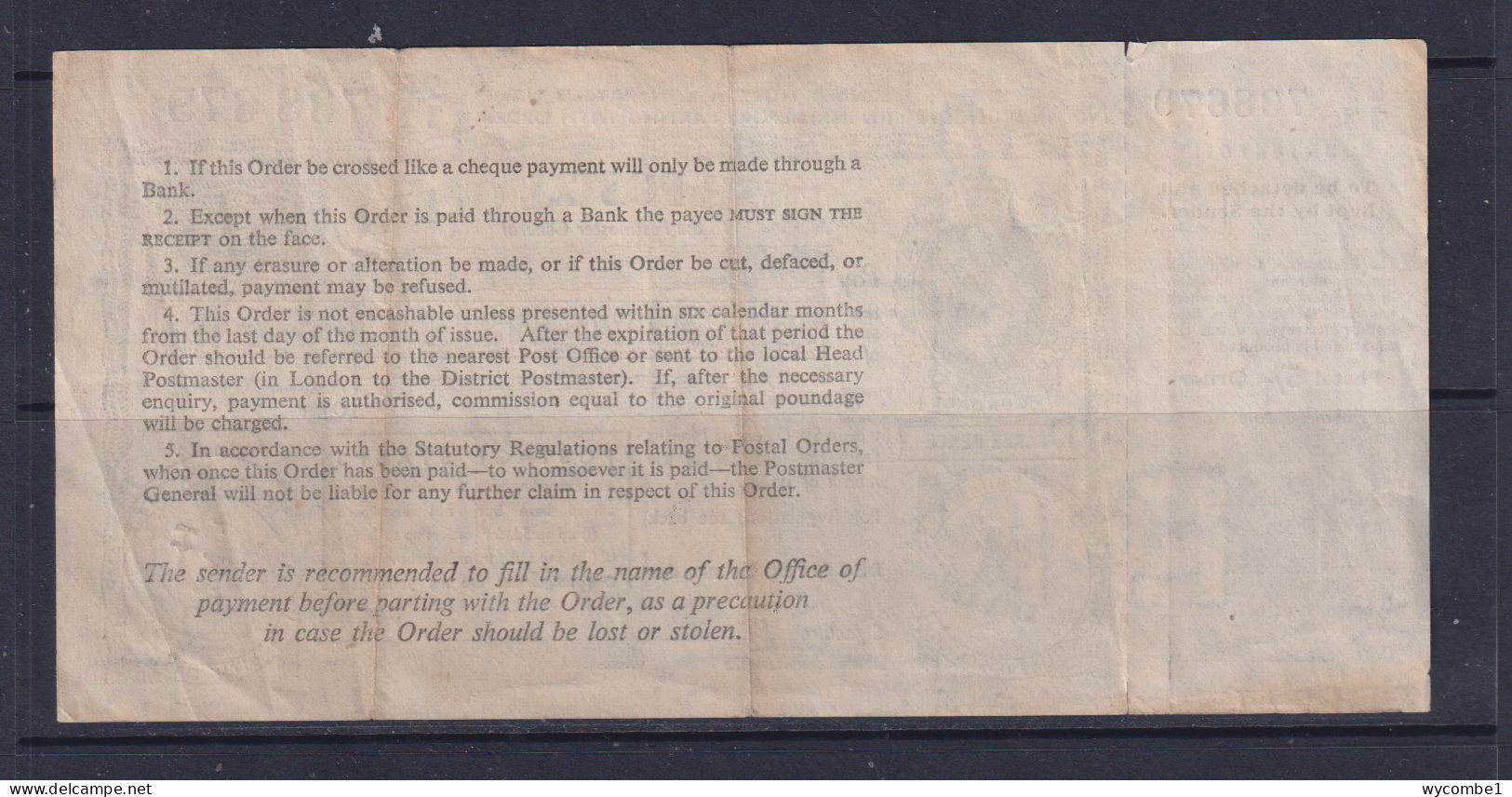 GREAT BRITAIN - 1959 (Elizabeth II) 5 Shillings Postal Order - Cheques & Traveler's Cheques