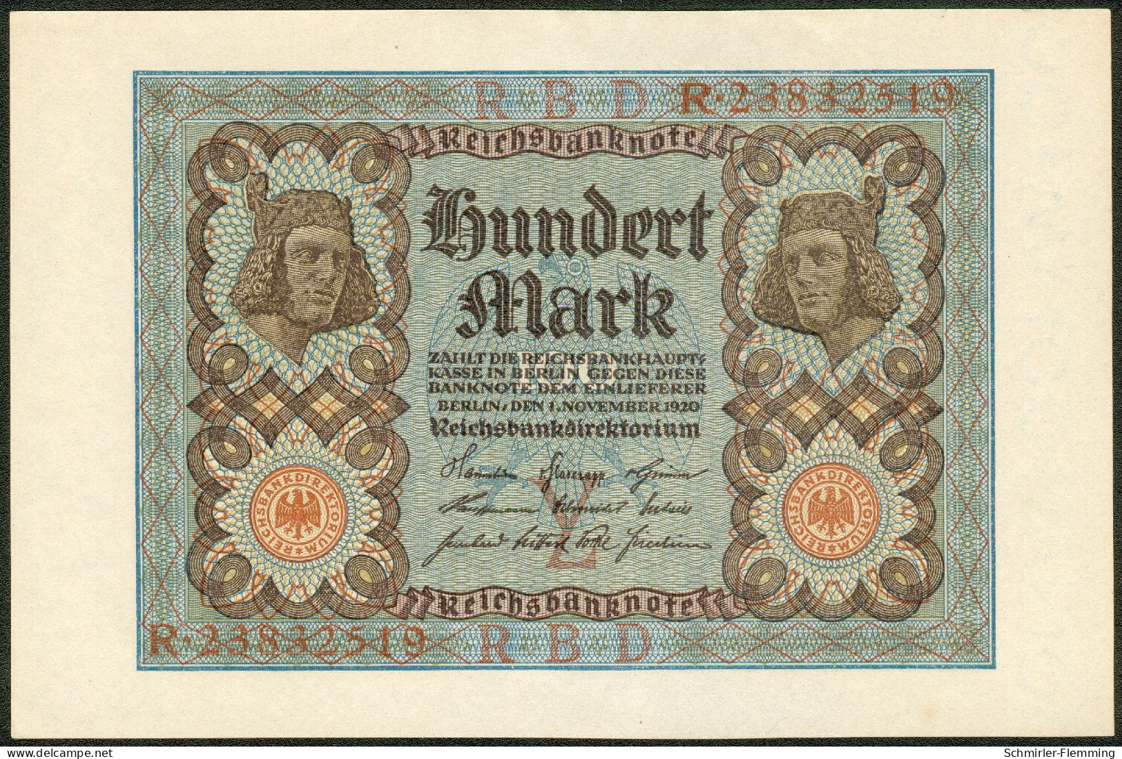 Deutsches Reich 100 Mark 1. Nov. 1920 Rote Kenn Nr.23832519(8stellig) ähnlich Zu KM#69 A, I/II - 100 Mark