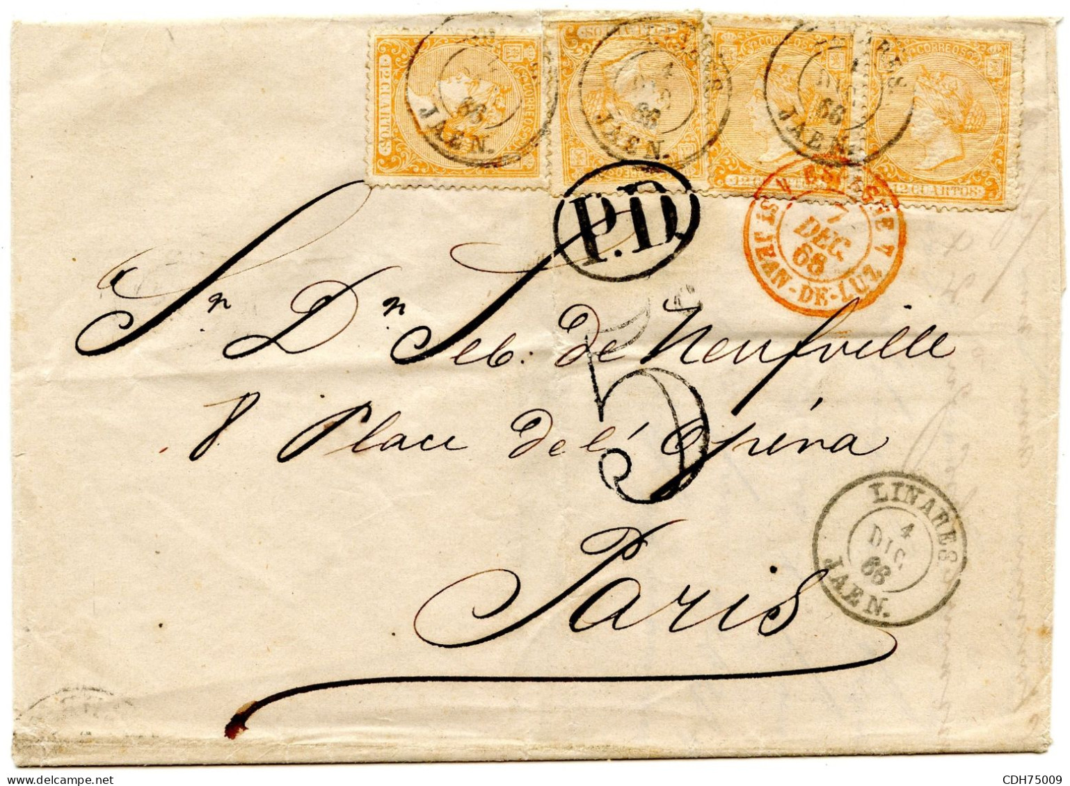 ESPAGNE - 12 CUANTOS X4 SUR LETTRE SANS CORRESPONDANCE DE LINARES POUR PARIS, 1868 - Briefe U. Dokumente