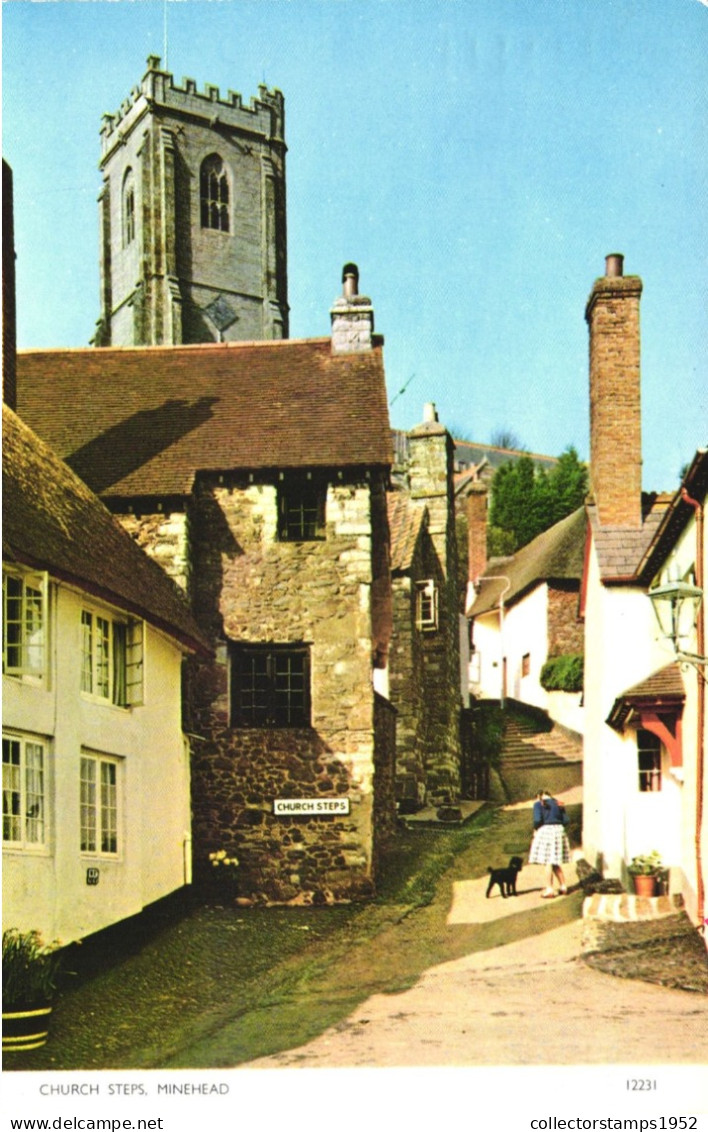 MINEHEAD, SOMERSET, ARCHITECTURE, TOWER, CHURCH, DOG, ENGLAND, UNITED KINGDOM, POSTCARD - Minehead