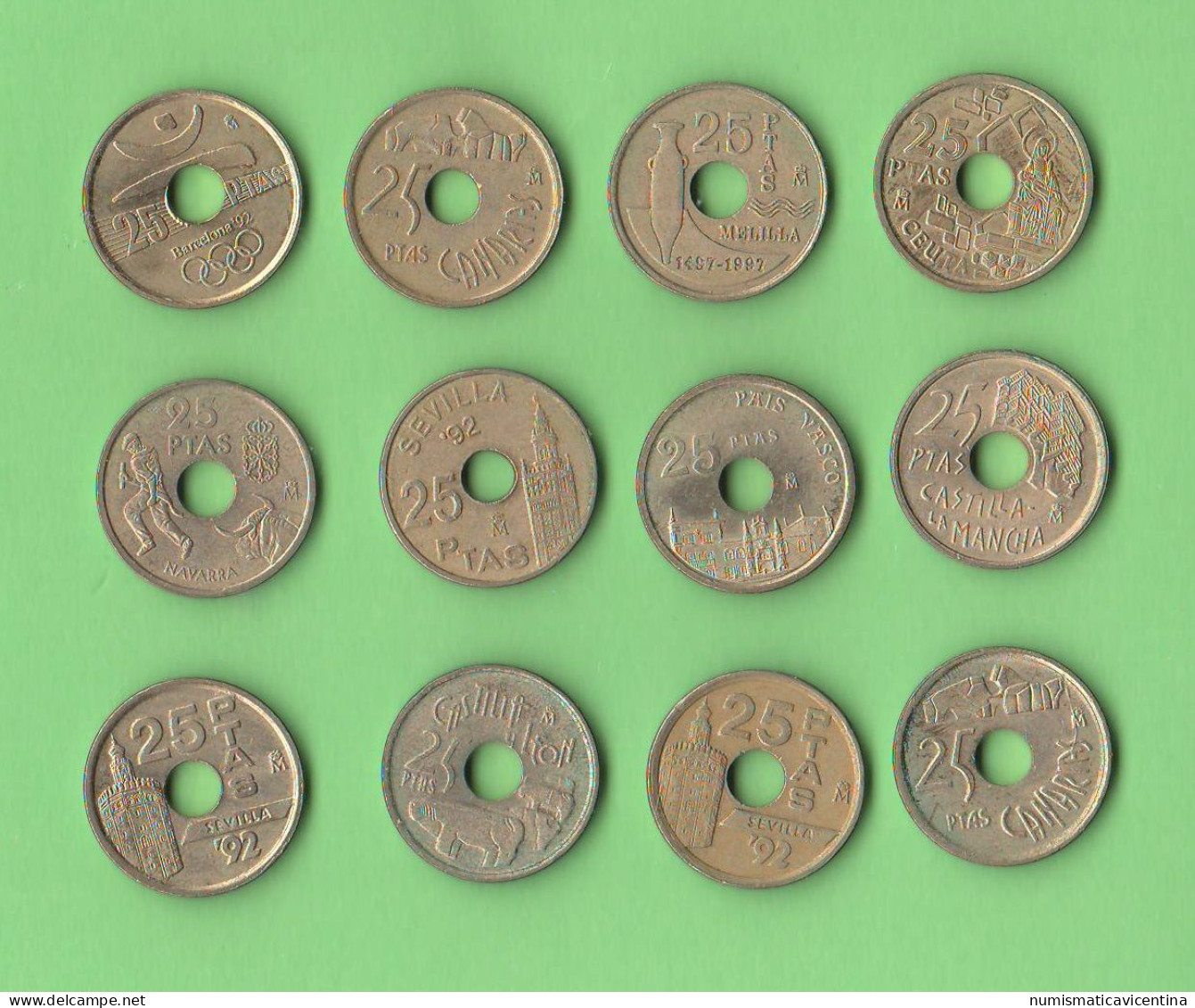 Spagna Lotto  12 Coins Differents X 25 Pesetas Spain  España Toutes Les Années Différentes Brass Coin - Premières Frappes